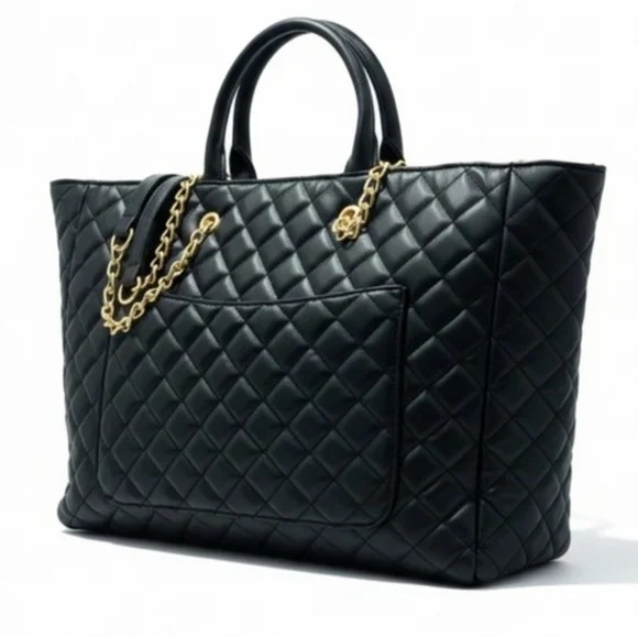 NWT Gilda Paris Black Quilted XLarge Tote Bag with Chain Strap
